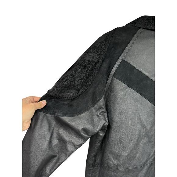 Vintage Liz Baker Essentials 100% Leather Paisley Double Breasted Jacket M - Picture 8 of 10